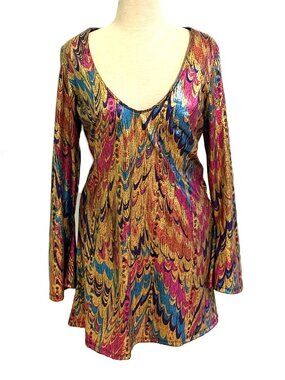 Charades Disco GoGo Dress Womens Large 70s Psychedelic Retro Bell Sleeve Costume